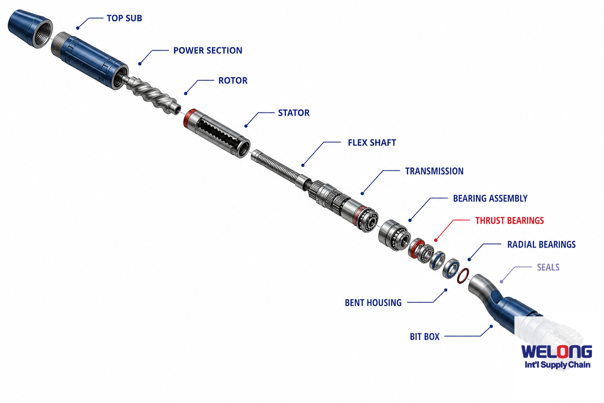 Main Components: Power Section, Transmission, Bearing Assembly, Bent Housing — Welong