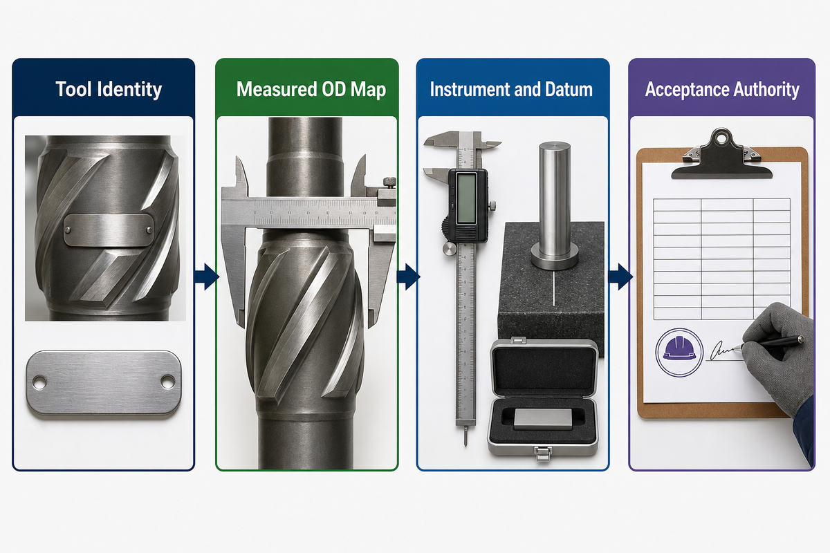 Drilling stabilizer gauge-loss inspection evidence from tool identity to acceptance authority