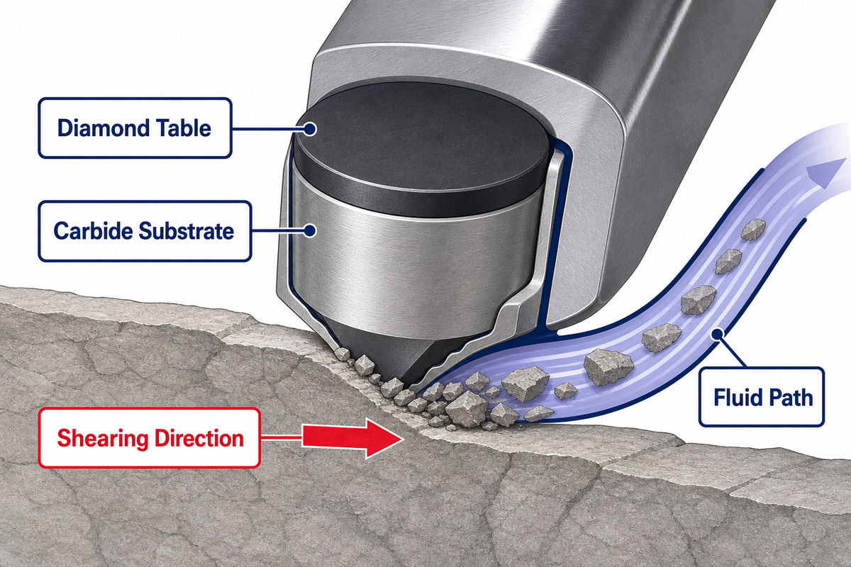 PDC cutter shearing rock with diamond table, carbide substrate and fluid path