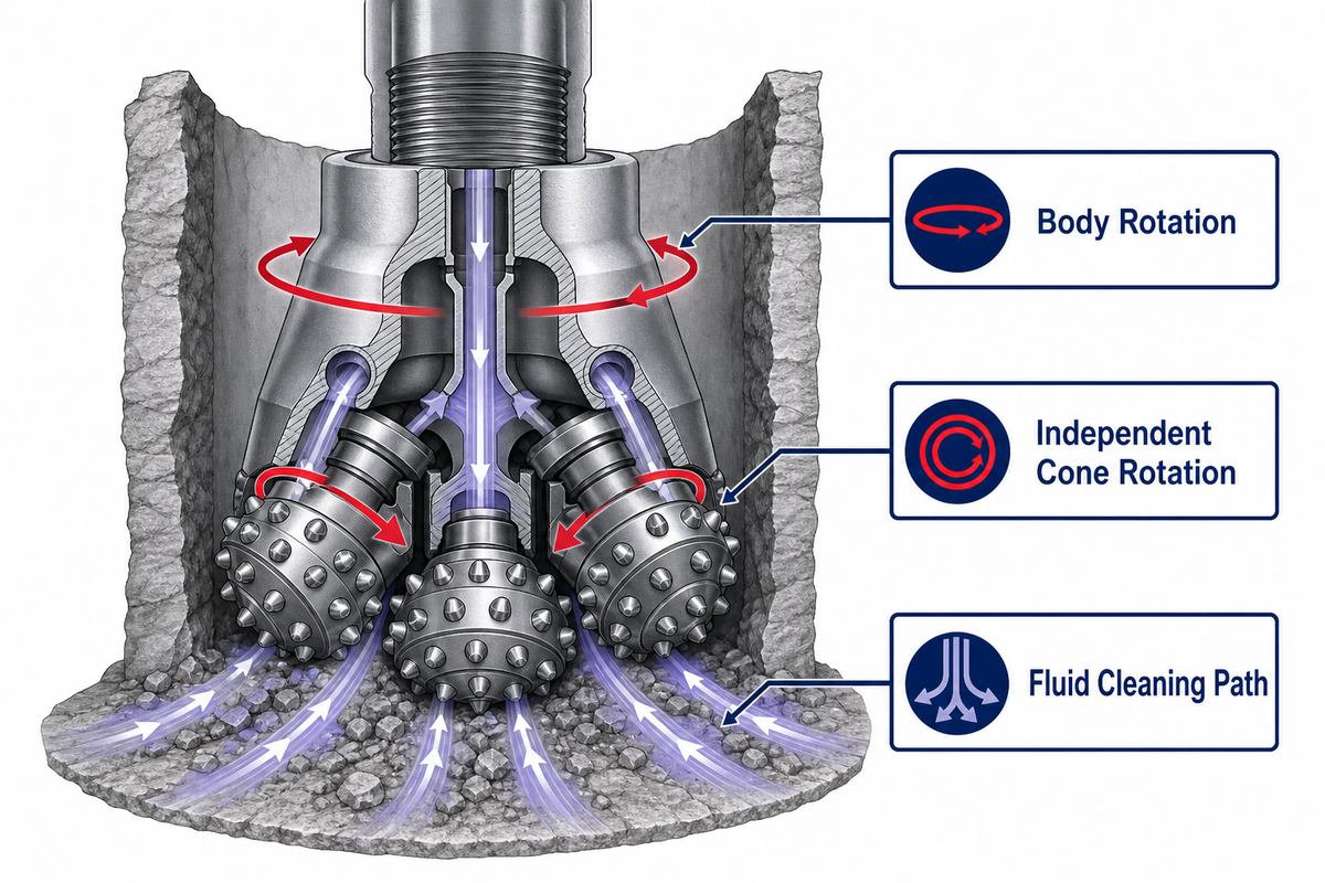 Three rolling cones of a tricone drill bit crushing and gouging rock