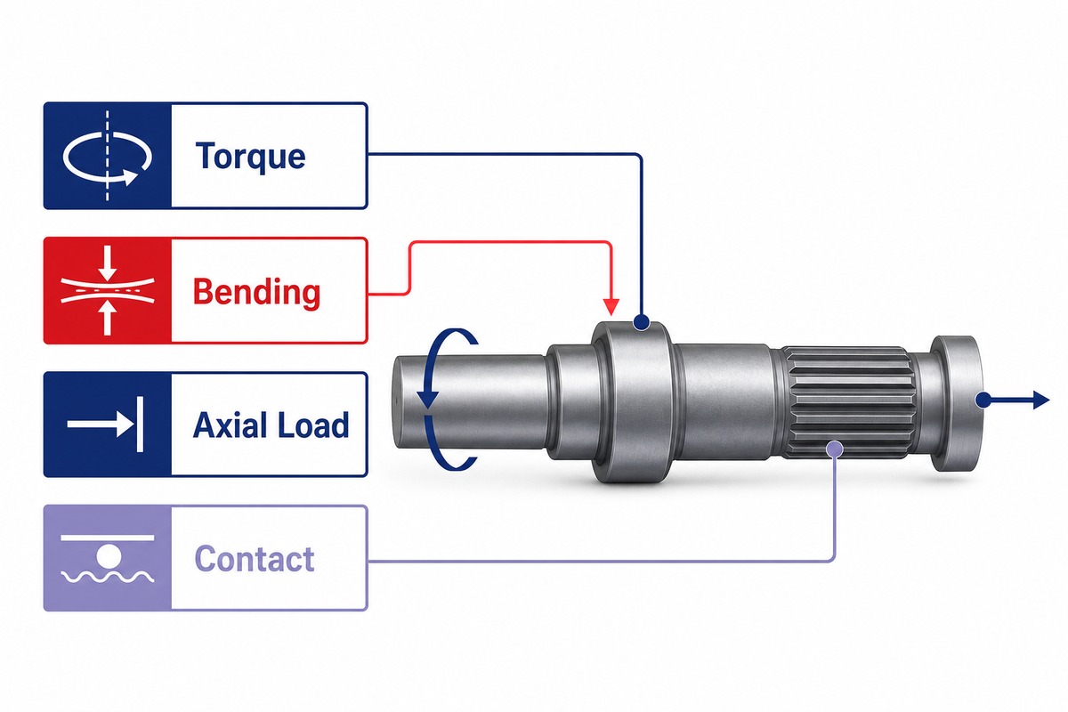 Forged shaft load path showing torque bending axial and contact zones