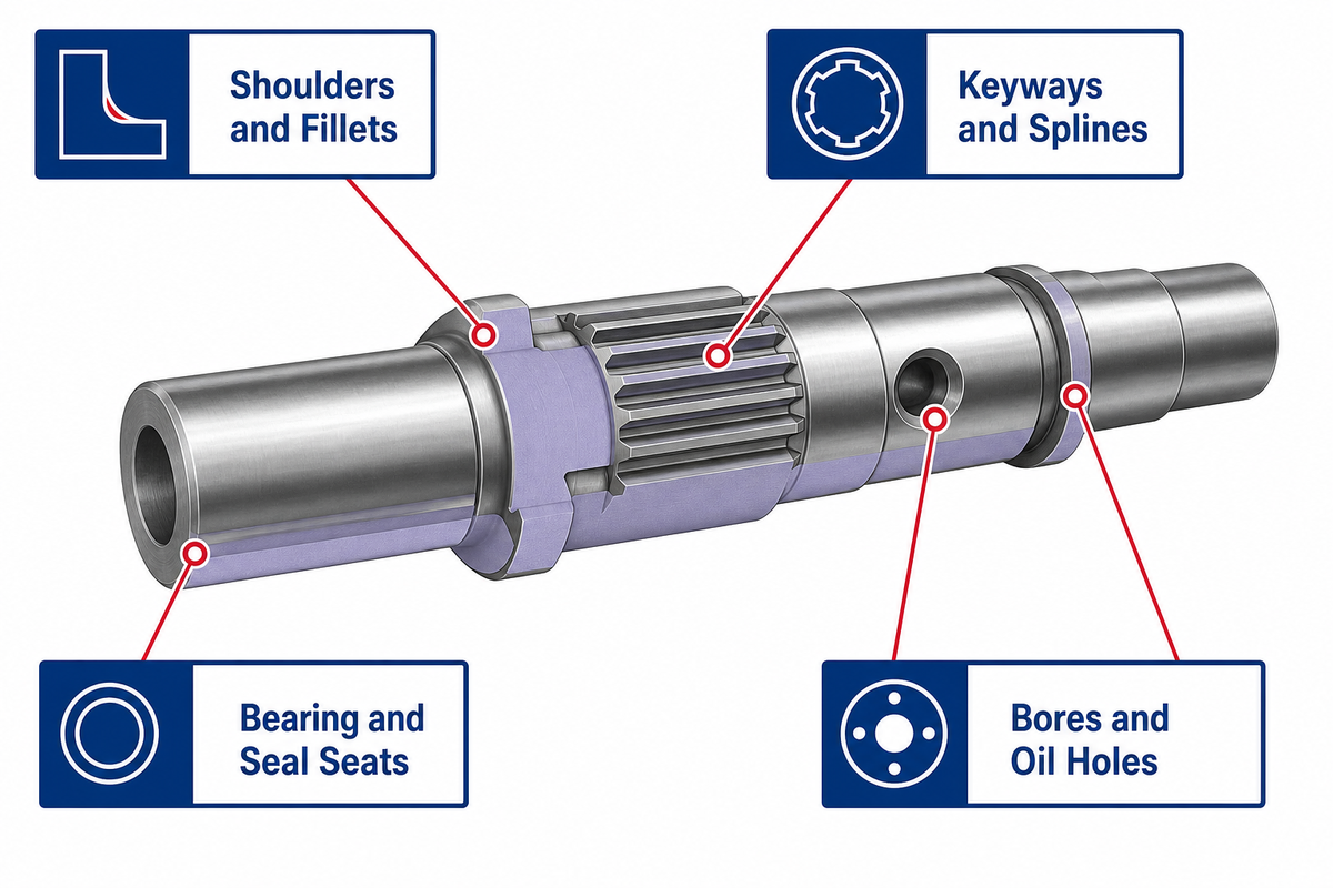 Forged shaft geometry transitions at shoulders fillets keyways and bores