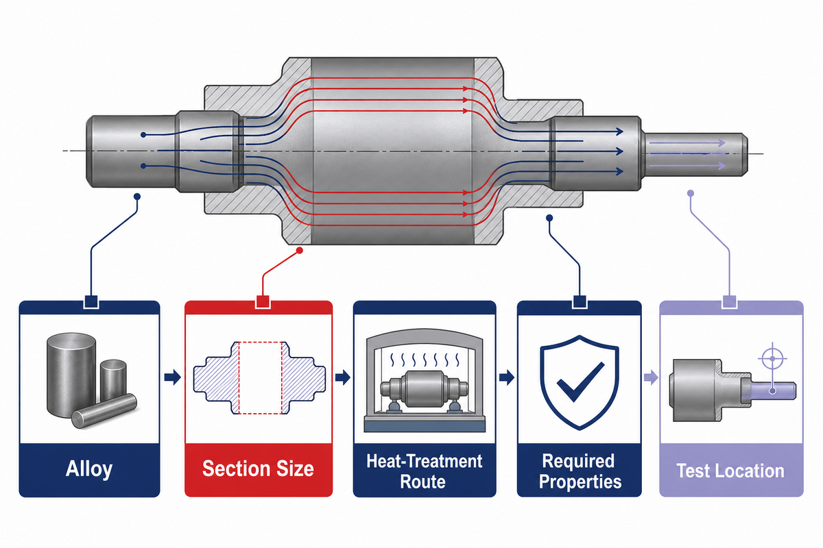 Forged shaft alloy heat treatment and controlling section relationship