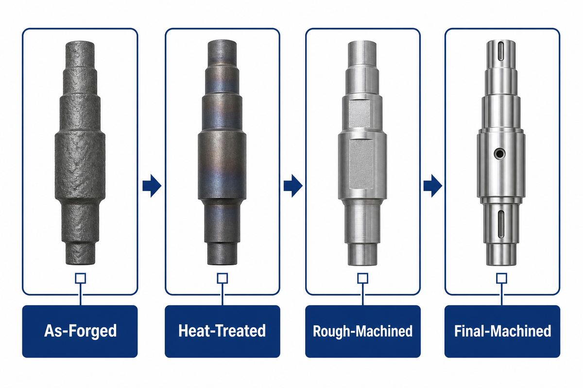Four forged shaft verification states from as-forged to final-machined