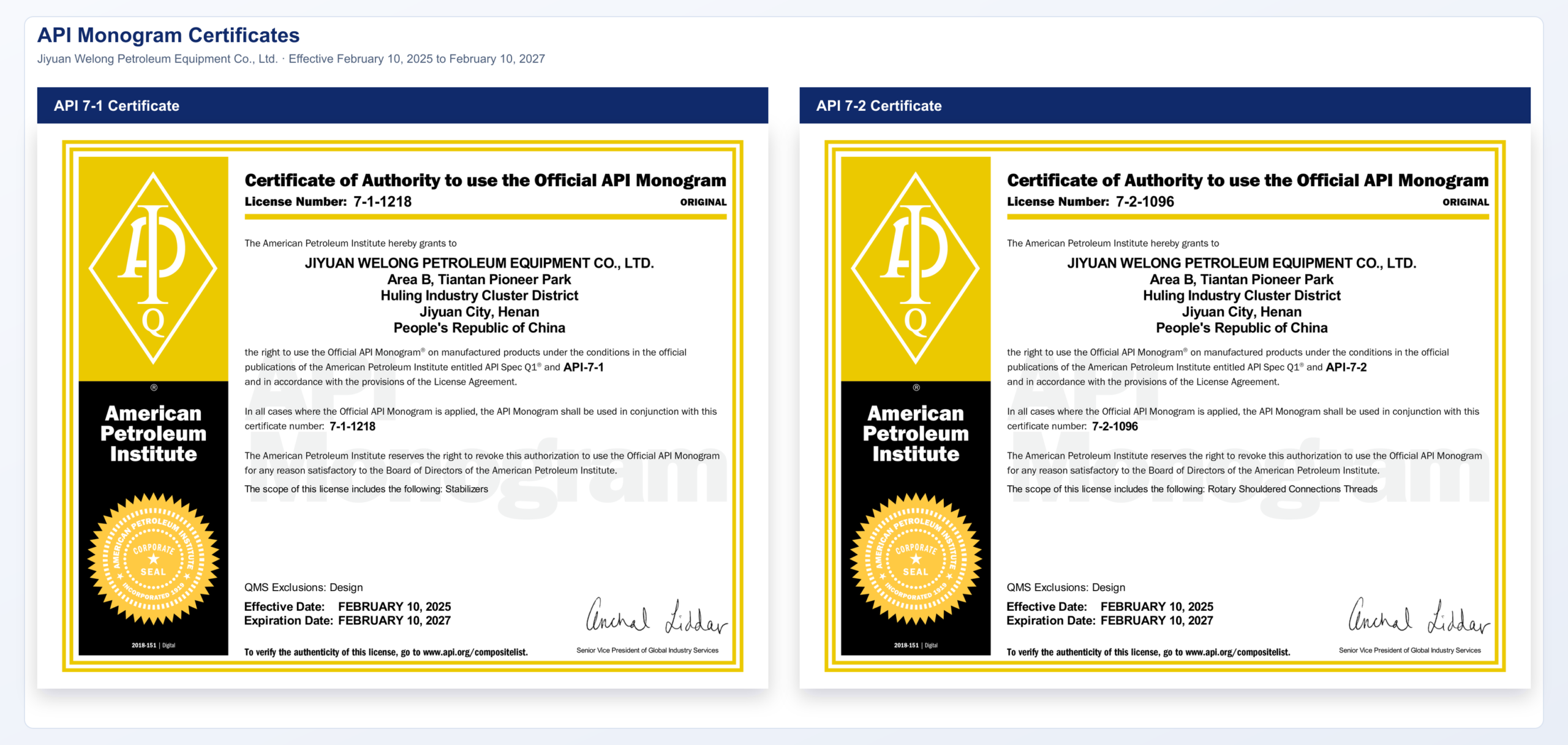 Welong API 7-1 and API 7-2 Certificates
