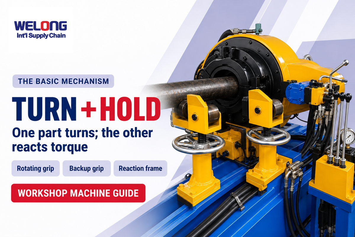 A rotating grip turns one threaded part while the backup and frame react torque; client machine photo.