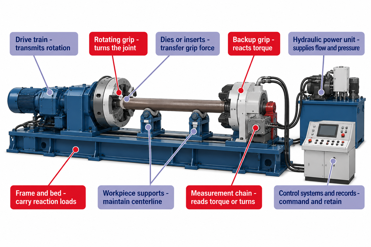 Conceptual map of nine bucking-machine functions, from gripping and support to hydraulic power, measurement and records.