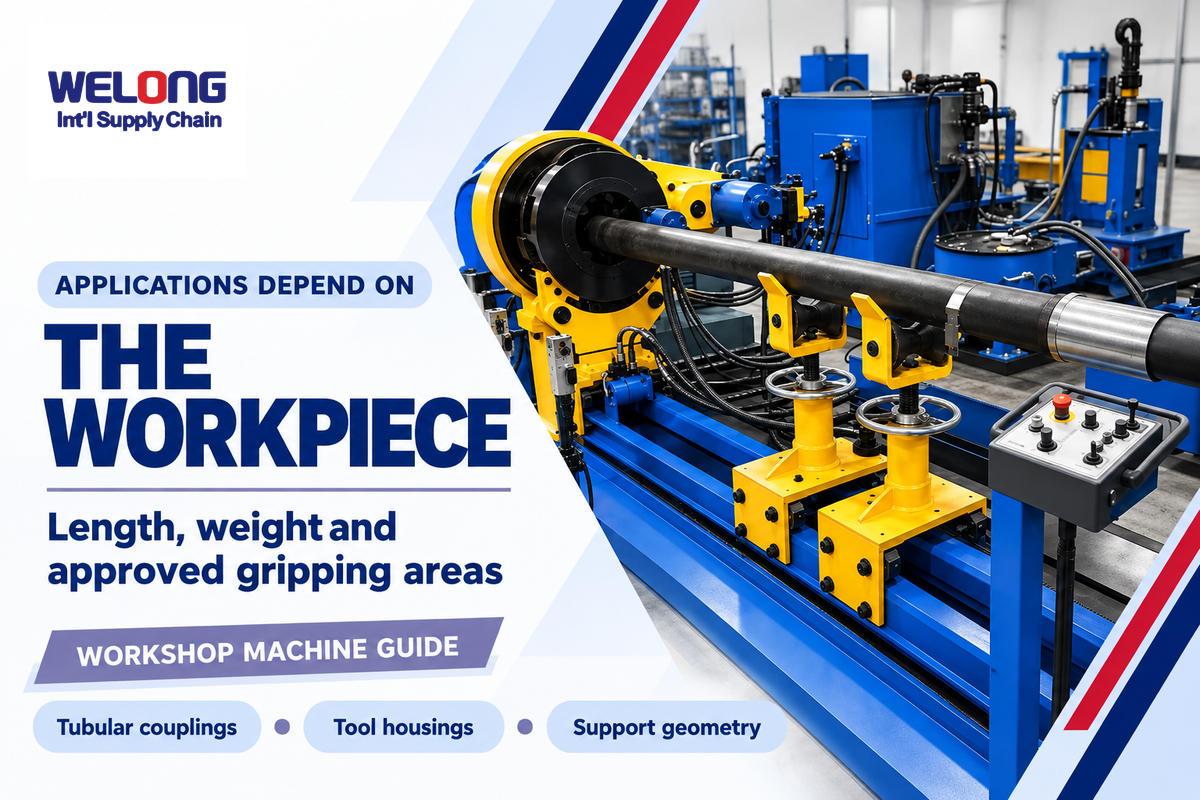 Client equipment photo highlights workpiece length, weight and approved gripping areas for tubular and tool jobs.