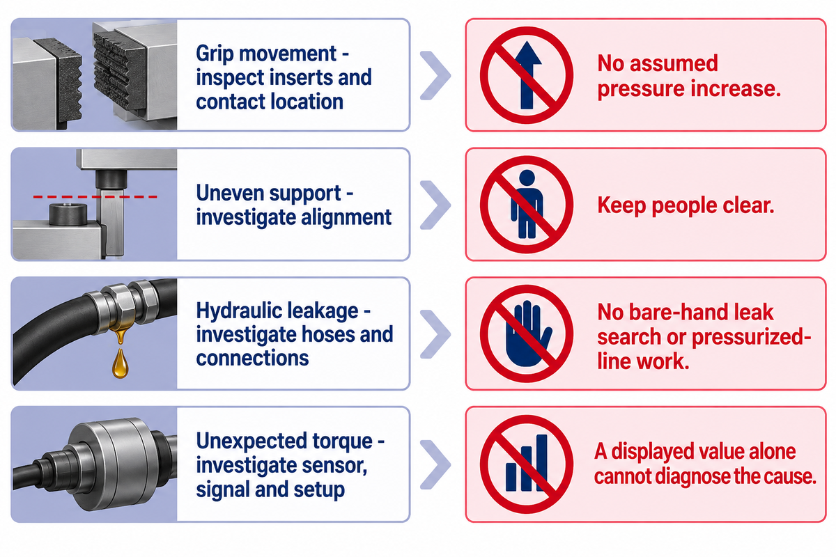 Four maintenance symptoms paired with investigation areas and boundaries, including no bare-hand hydraulic leak search.