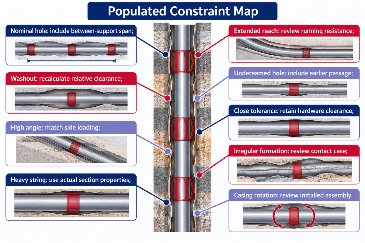 Hypothetical constraint map links well conditions to review inputs;Merlin,Innova and attributed cases.