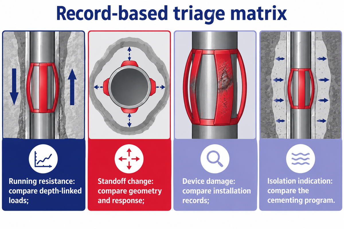 Symptoms prompt record comparisons,not automatic causes;AADE2003case and well-specific review.