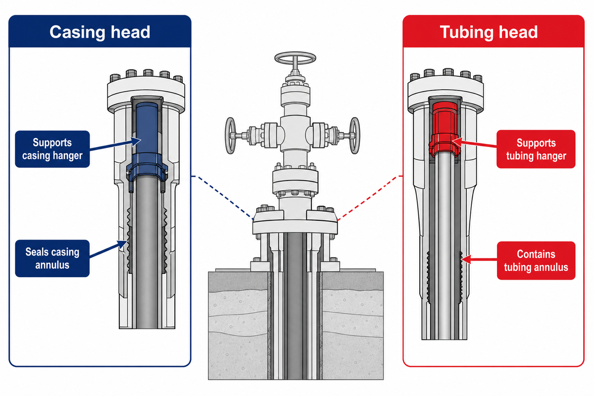 Casing head and tubing head comparison showing their different hangers, strings and annular pressure boundaries.