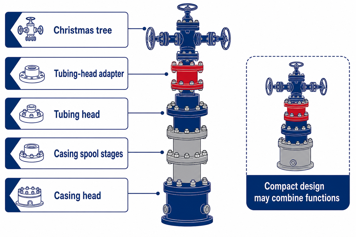 Conventional casing-head to tubing-head stack order with a compact-design function-combination exception.