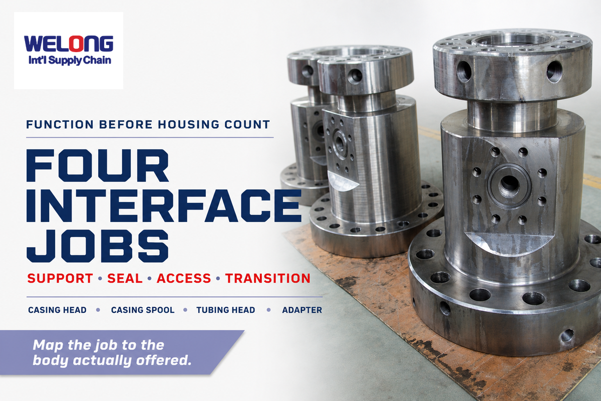 Machined casing-head and tubing-head components illustrating four distinct interface jobs.