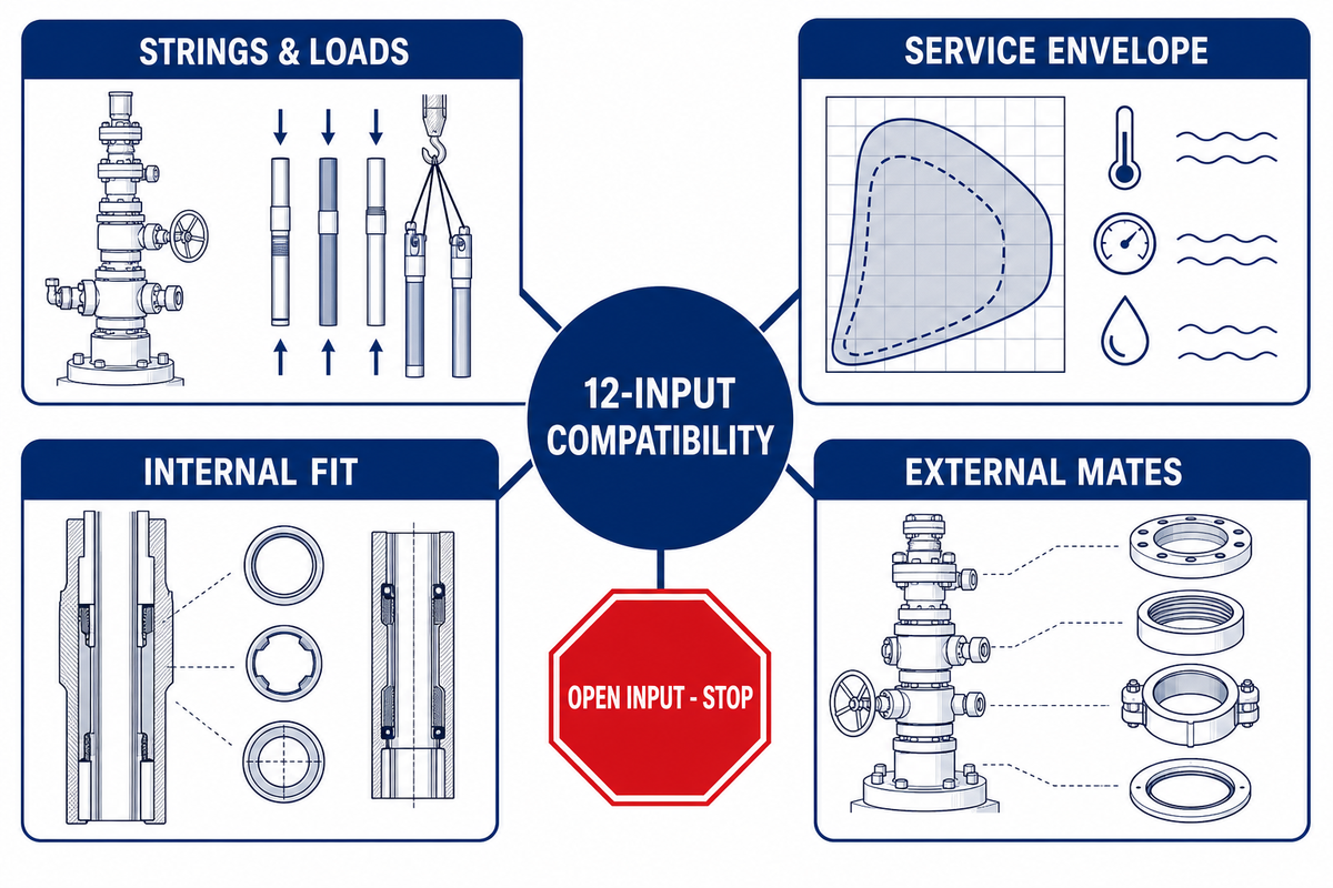 Twelve-input compatibility matrix grouped into strings and loads, service, internal fit and external mates.