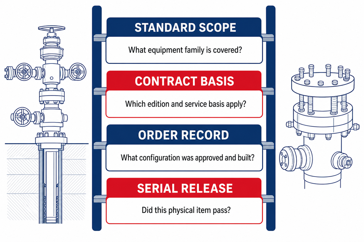 Evidence ladder from standards scope and contract basis to order record and serial release.