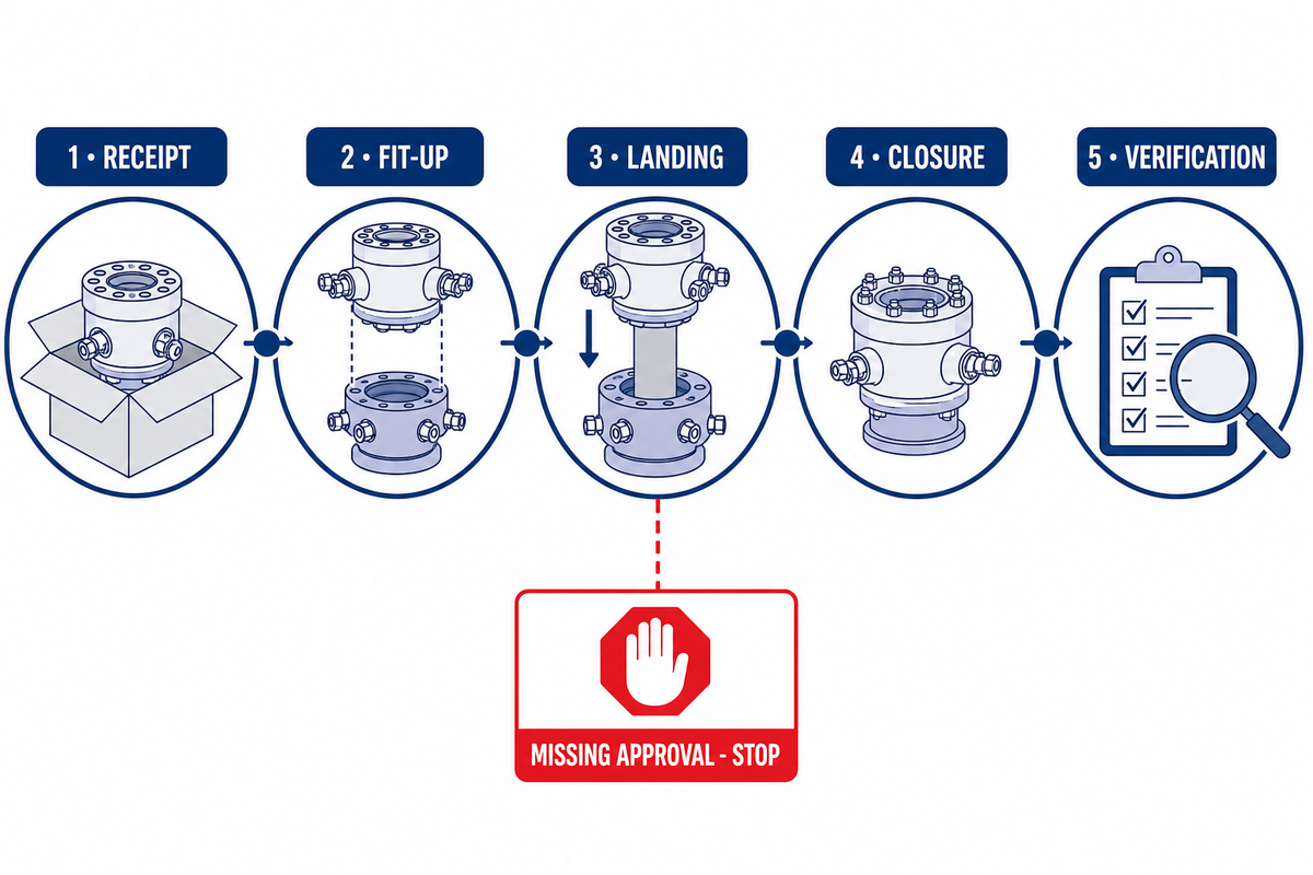 Five installation hold points from receipt through staged verification before pressure is applied.