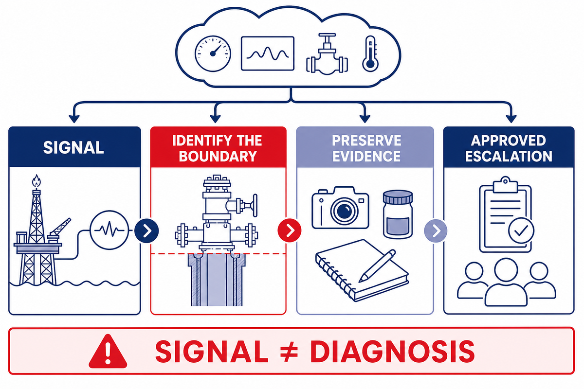 Failure signals routed through pressure-boundary identification, evidence preservation and approved escalation.