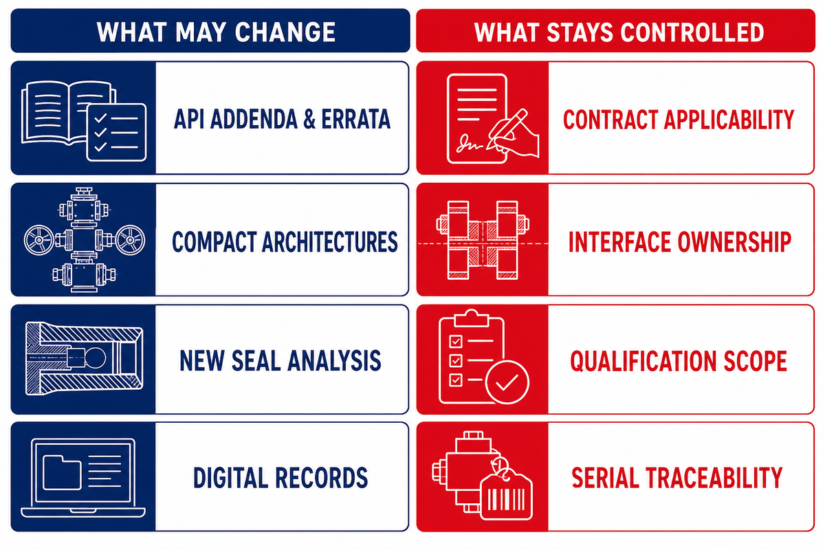 Change-control matrix pairing evolving standards and technology with stable contract and serial evidence duties.