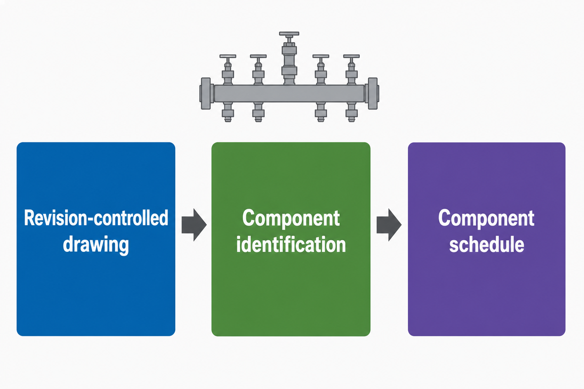 A manifold quote needs a revision-controlled drawing, component identification and a component schedule.