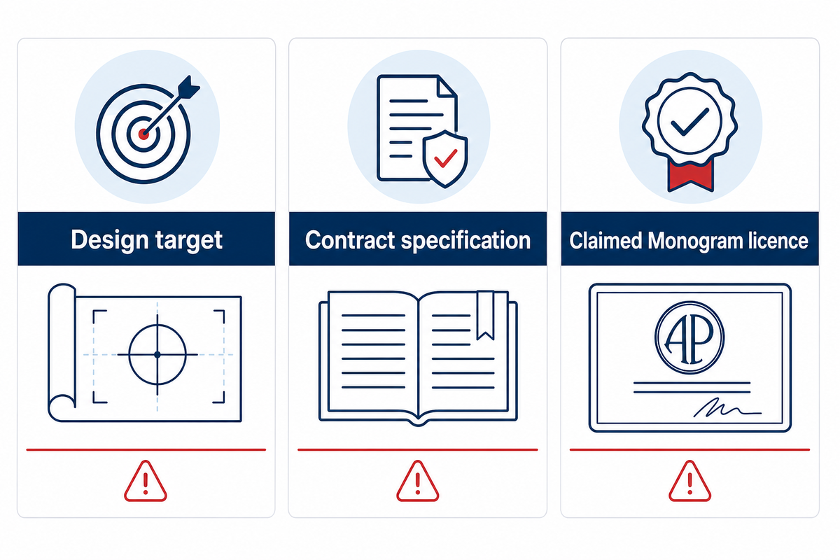 API 16C design targets, contract specifications and claimed Monogram licences are distinct statements.