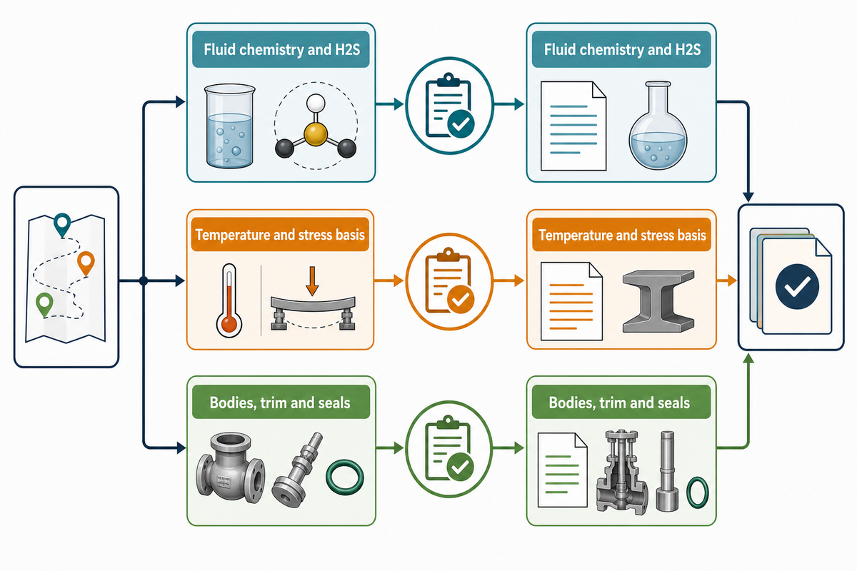 Sour-service material evidence must map fluid and temperature conditions to bodies, trim, seals and packing.