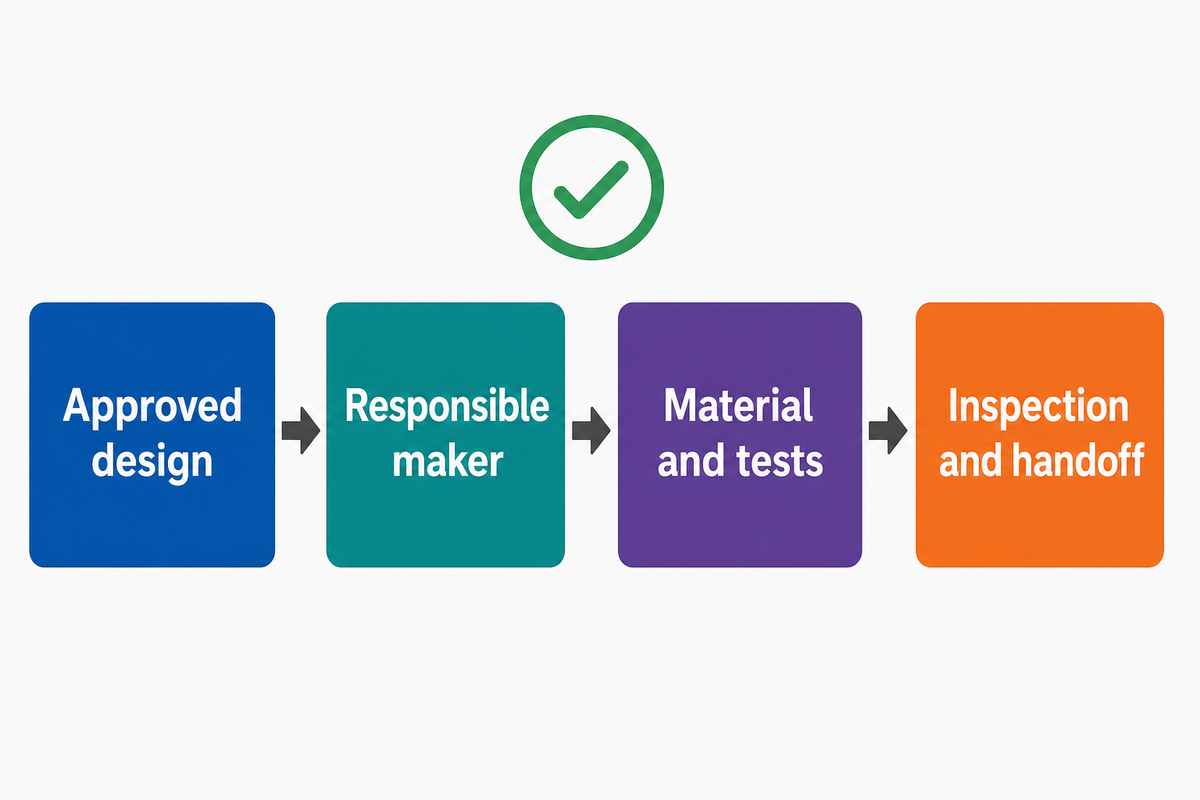 The acceptance file links approved design, responsible maker, materials, tests, inspection and handoff.