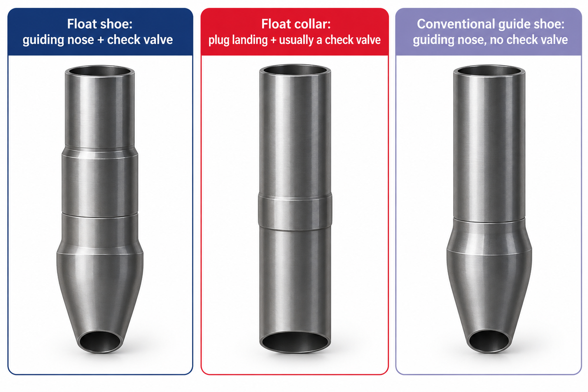 Float shoe, float collar and guide shoe perform different mechanical roles.
