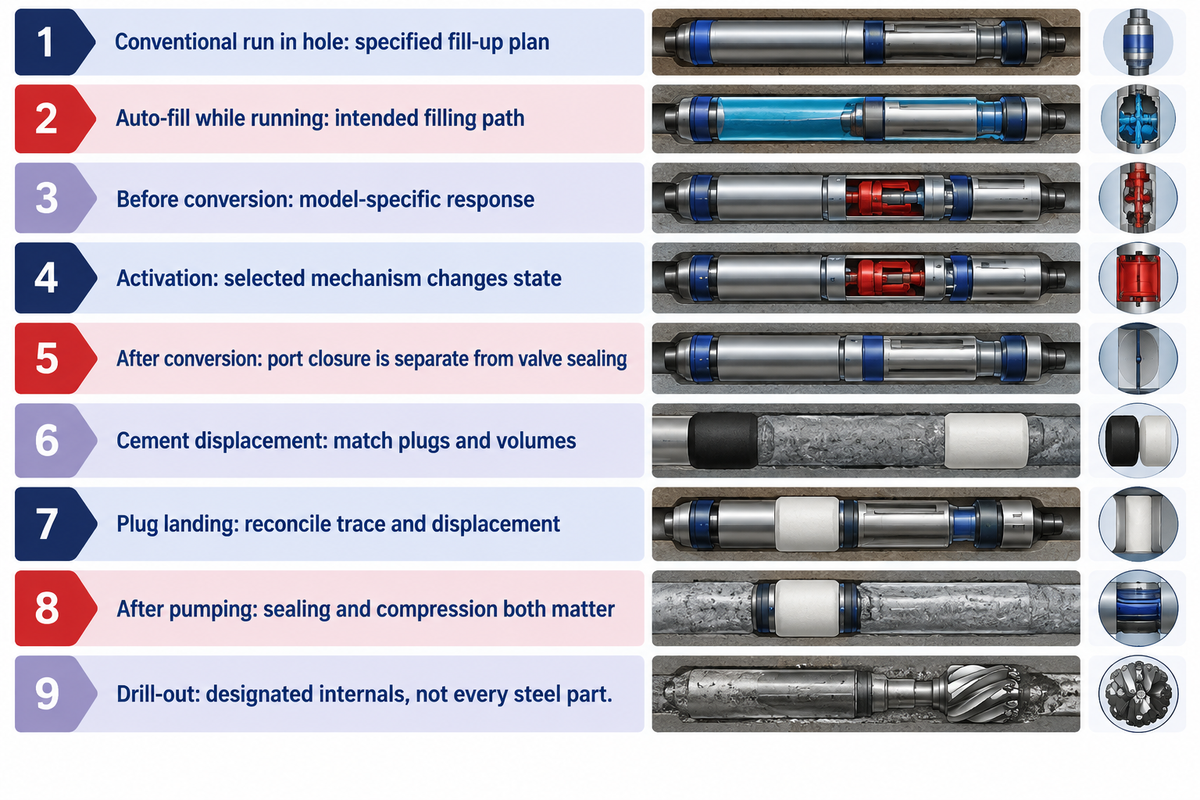 Nine flow states and observations must be matched to the selected float-equipment design.