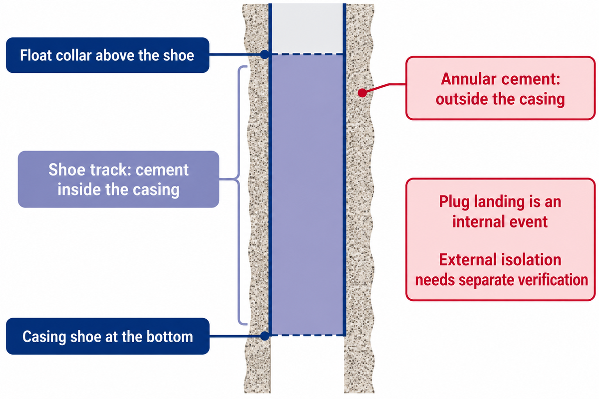Shoe-track cement lies inside the casing below the float collar; annular isolation is outside.