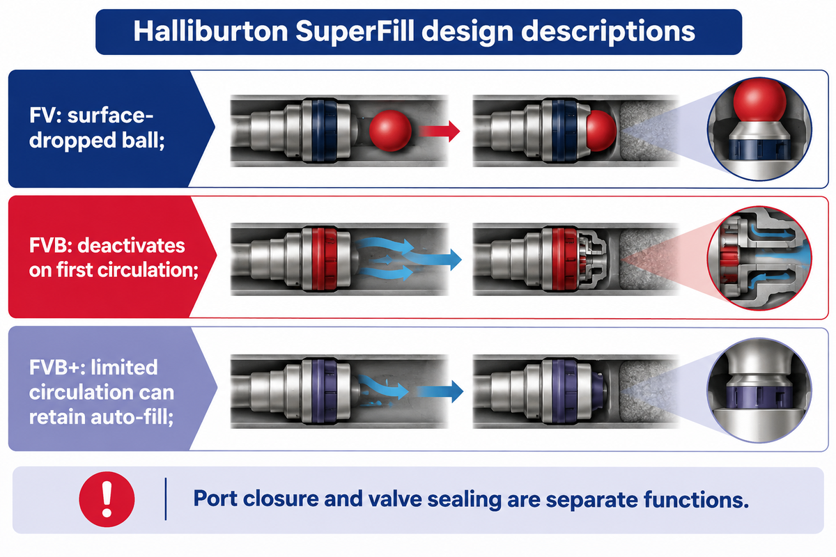 Halliburton SuperFill design descriptions distinguish dropped-ball, first-circulation and limited-circulation responses.
