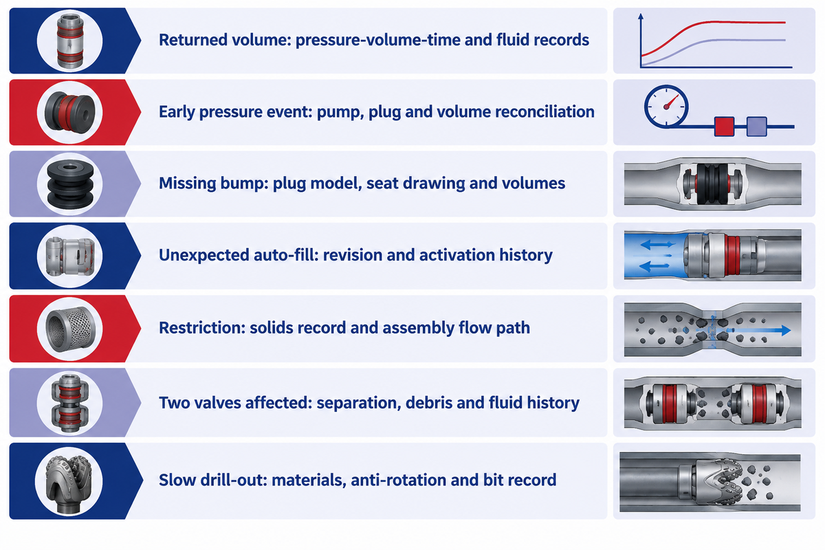 Seven cementing observations require different evidence before assigning a component diagnosis.