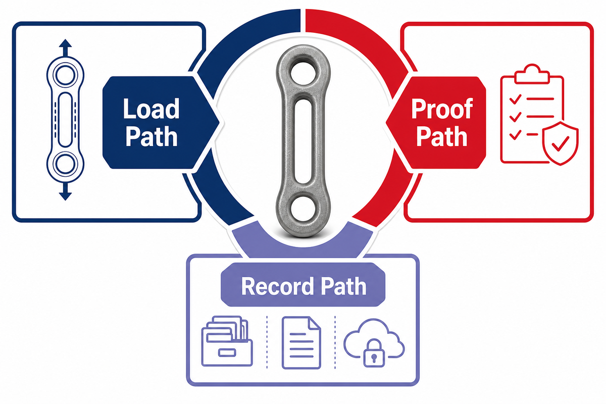Three-path lifting-bail assurance model linking the load path, proof path, and record path