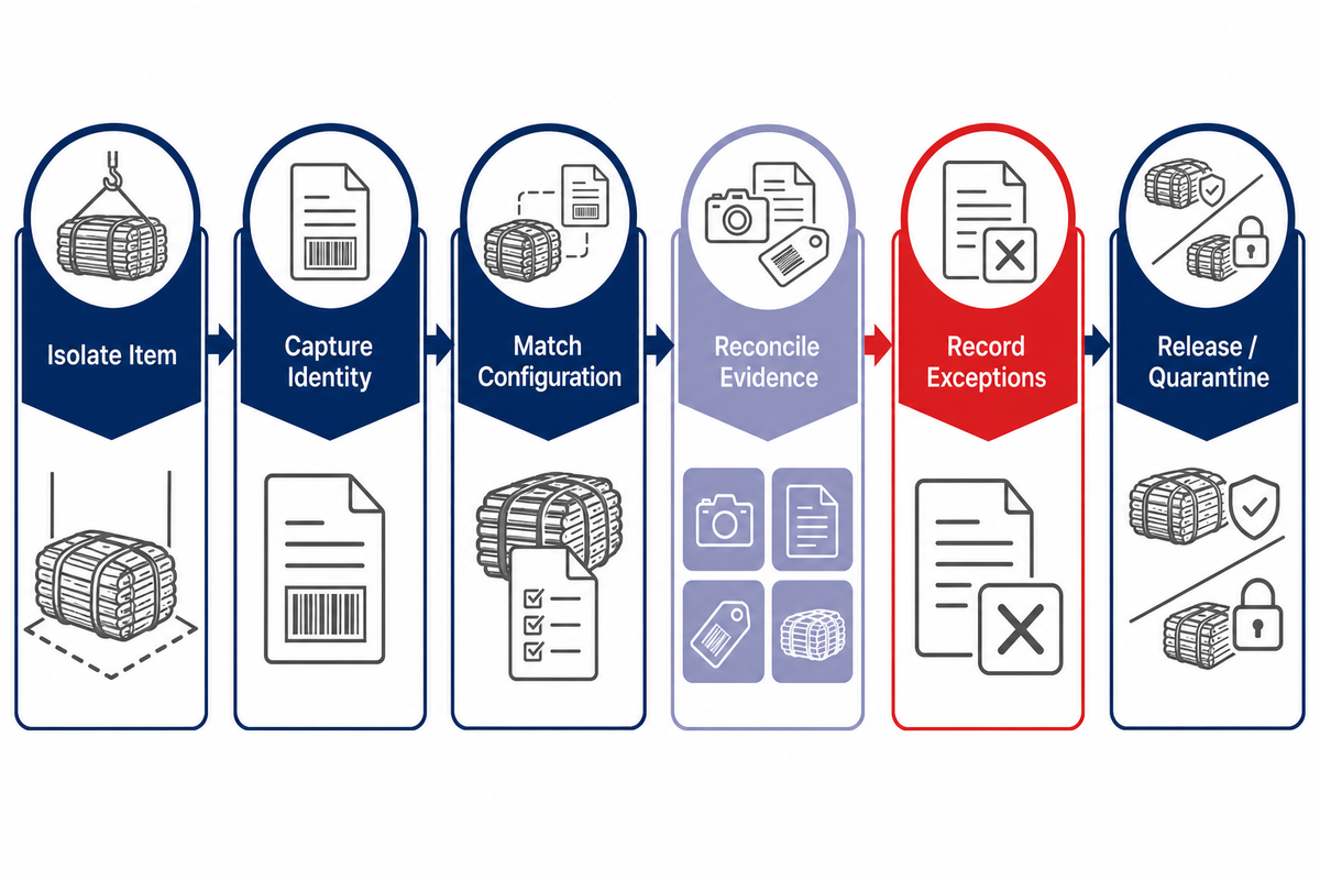 Receiving workflow from isolation and identity checks to evidence reconciliation and release or quarantine