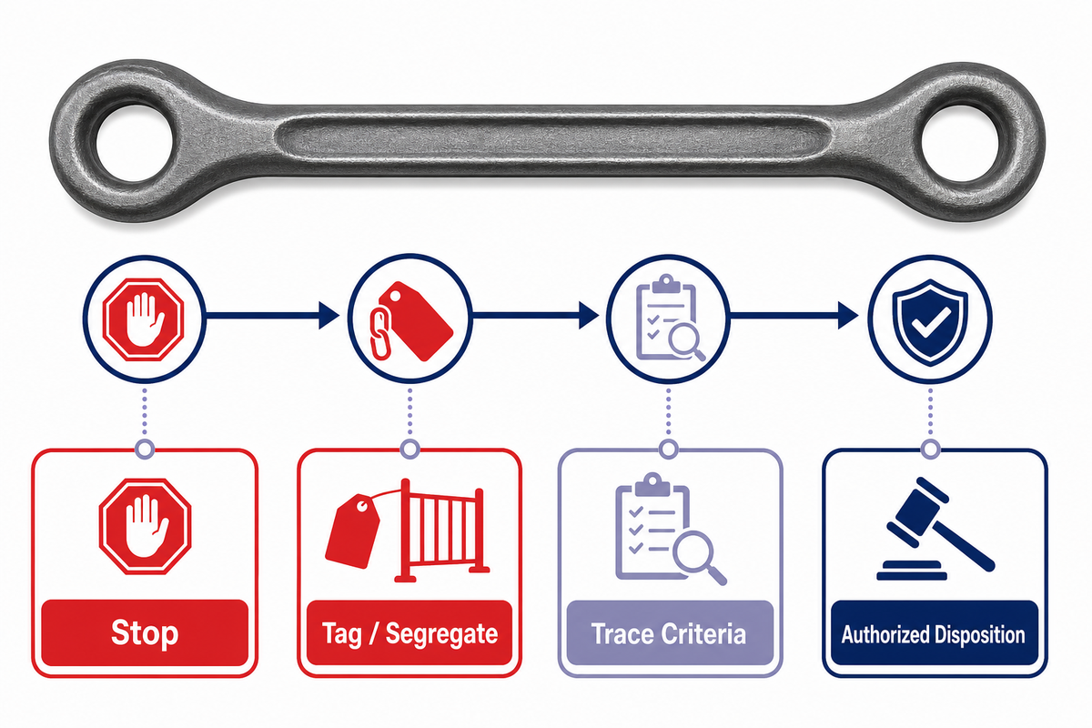 Stop-tag-trace decision map for uncertain lifting-bail condition, identity, or evidence