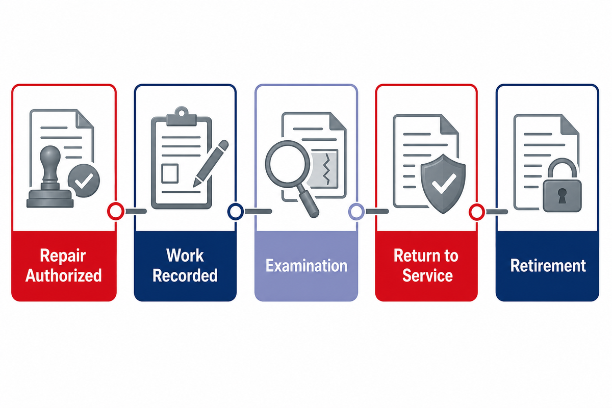 Decision chain separating lifting-bail repair, examination, return-to-service approval, and retirement