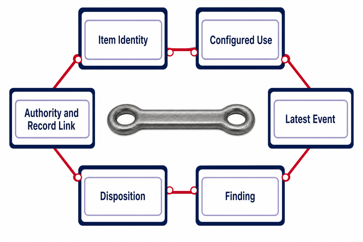 Six-field lifting-bail lifecycle record for identity, use, event, finding, disposition, and authority