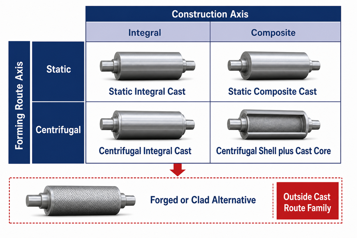 Mill-roll classification separates static and centrifugal routes, integral and composite construction, and forged alternatives