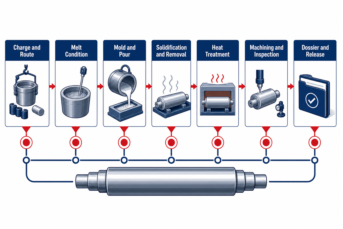 Seven cast-roll hold points connect charge, melt, pour, cooling, heat treatment, inspection and final release