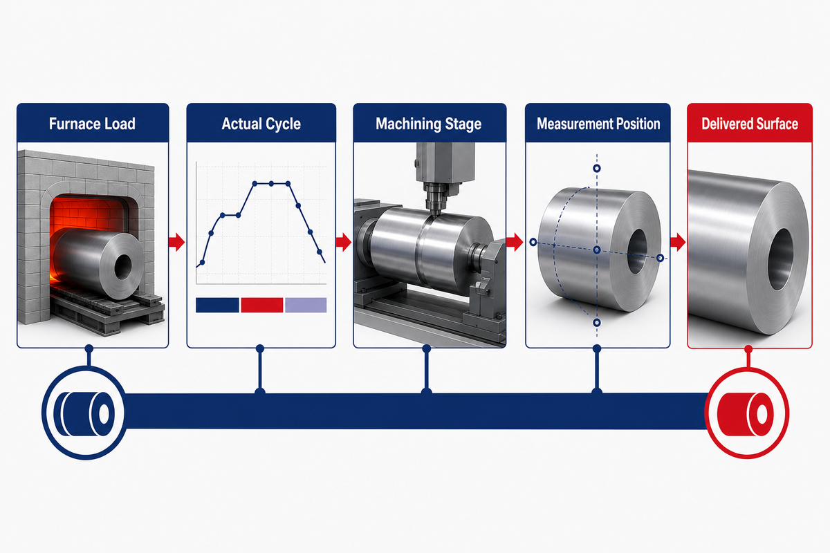 Heat-treatment evidence connects furnace load, actual cycle, machining stage, measurement position and delivered surface