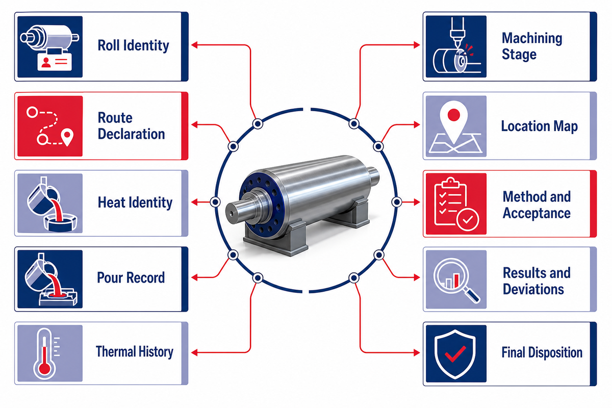 Cast Roll Evidence Passport links identity, route, heat, thermal history, inspection, deviations and final disposition
