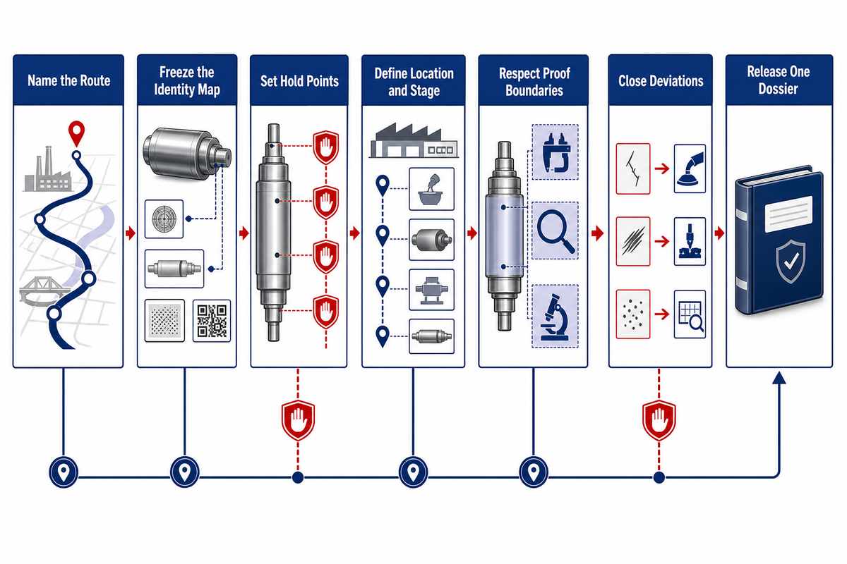 Buyer review sequence moves from route and identity through hold points, proof boundaries and one released dossier