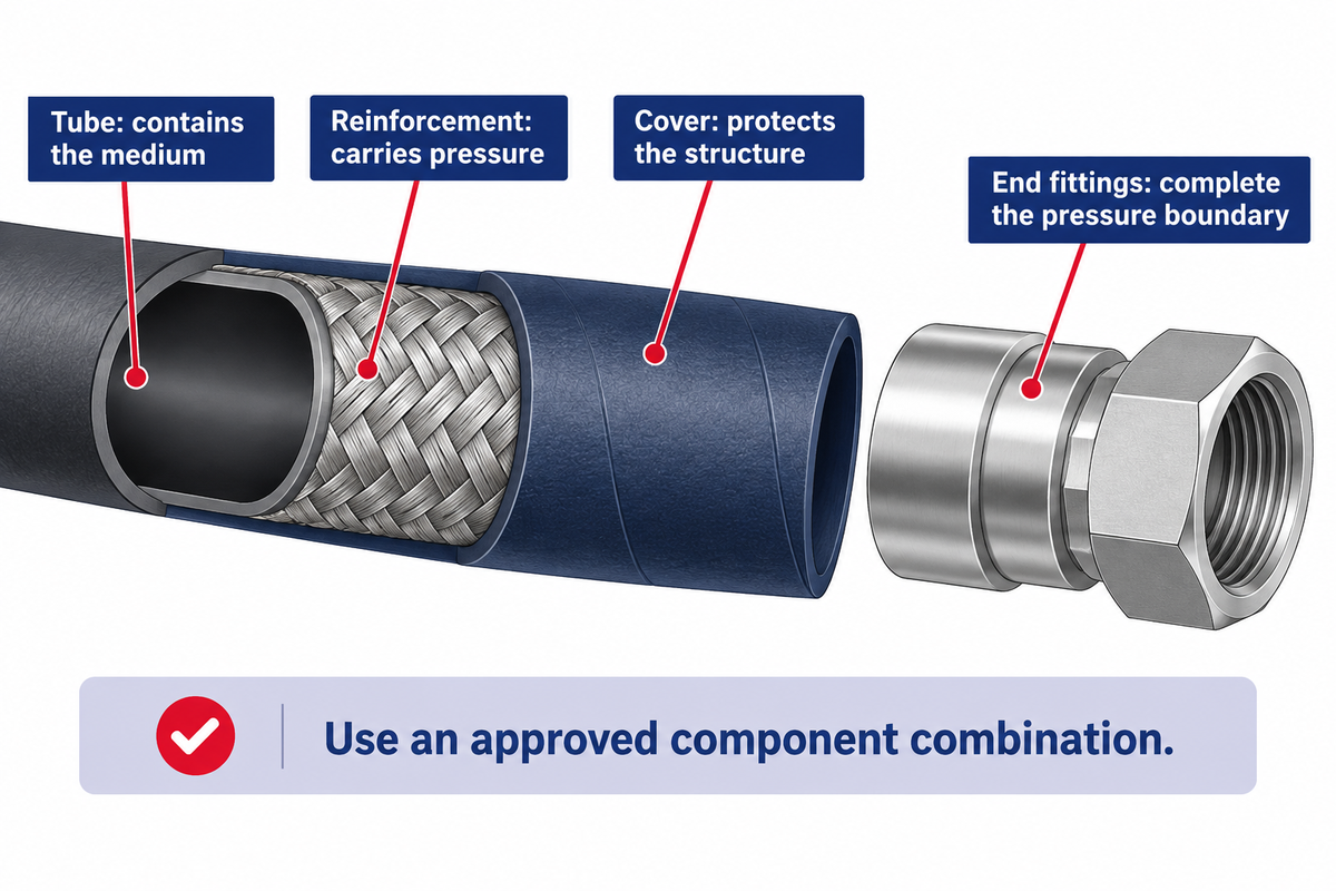 Hose tube contains fluid, reinforcement carries pressure and cover protects; matched fittings complete the assembly.