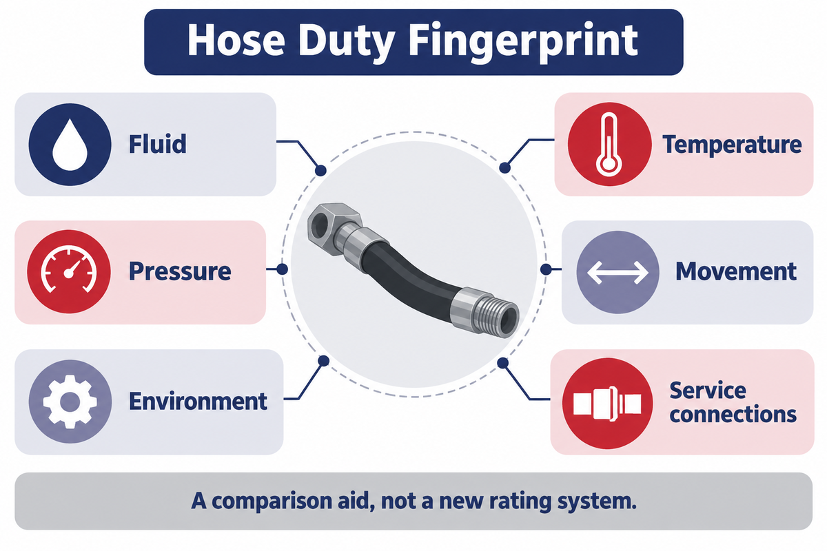 Hose Duty Fingerprint combines fluid, temperature, pressure, movement, environment and connections; an editorial comparison aid.