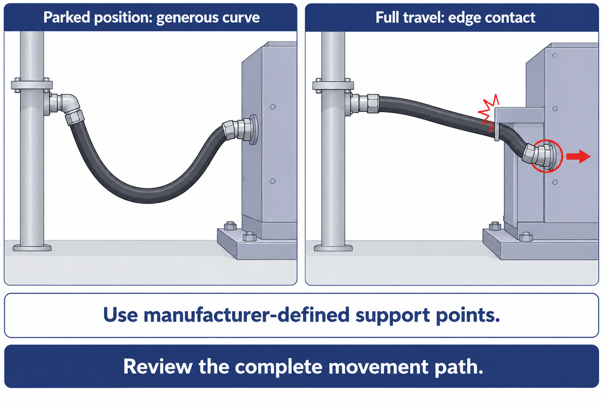 A parked hose curve can contact an edge and load its connection at full travel; review the movement path.