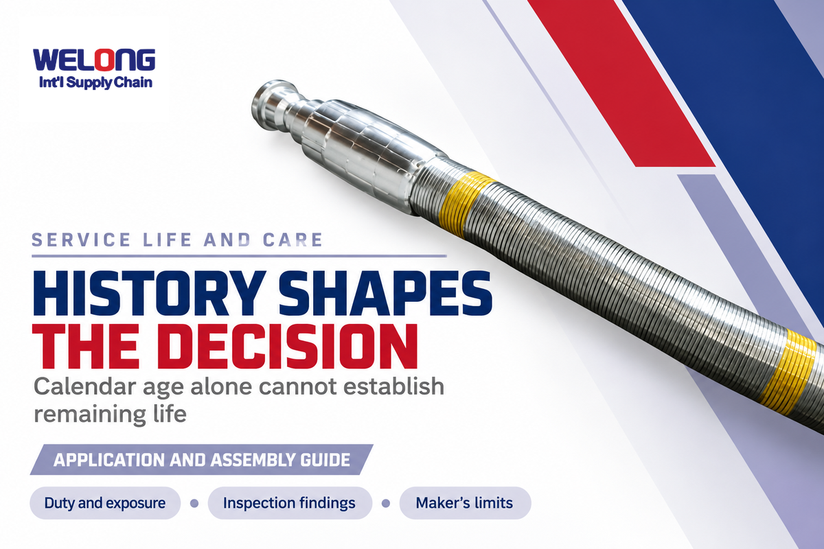 Hose history, duty, inspection findings and maker limits guide service-life decisions; age alone is insufficient.