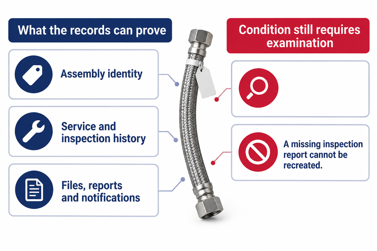 Hose records preserve identity and history; current condition requires examination and missing reports cannot be recreated.