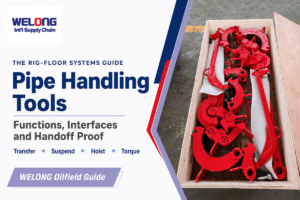 Pipe handling tools guide showing WELONG manual tongs and the rig-floor transfer-to-torque workflow