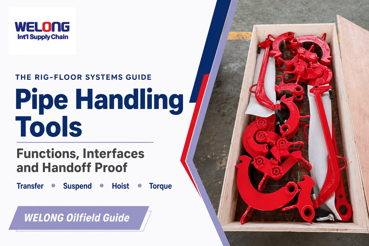 Pipe handling tools guide showing WELONG manual tongs and the rig-floor transfer-to-torque workflow