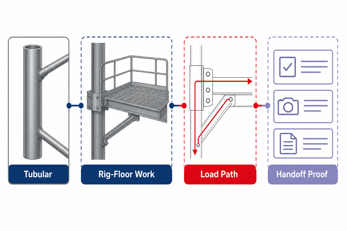 Rig-floor map separating pipe handling functions from the connected load path and handoff evidence